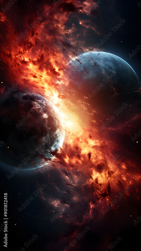Poster two planets collide in a fiery cosmic explosion, creating a dramatic spectacle of light and dust in 