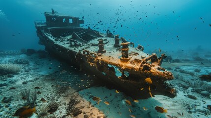 Fototapeta premium Fish swimming around a sunken shipwreck on the ocean floor