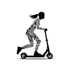 scooter sport female player with ethnic polynesia pattern illustration, emblem shield badge
