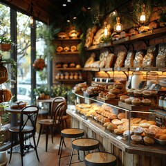 Fototapeta premium Mouthwatering display of freshly baked pastries arranged on wooden counter inside a cozy bakery shop