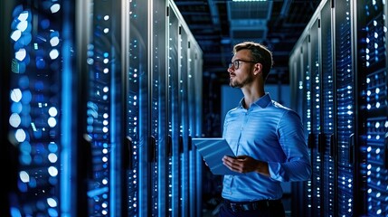 IT engineer configures and monitors servers. Data Management. A specialist ensures cybersecurity in the data center. Illustration for banner, poster, cover, brochure or presentation.