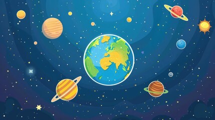 Planet flat design, top view, solar system theme, cartoon drawing, colored pastel