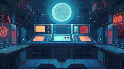 Space flat design, front view, sci-fi theme, animation, Triadic Color Scheme