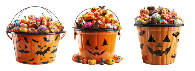 Halloween Candy Buckets Filled with Colorful Treats and Pumpkins on a Transparent Background