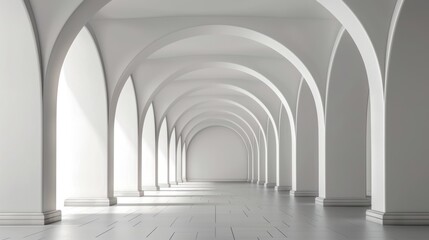 Fototapeta premium Symmetrical white arched corridor with soft light creating an elegant and serene architectural space with clean lines.