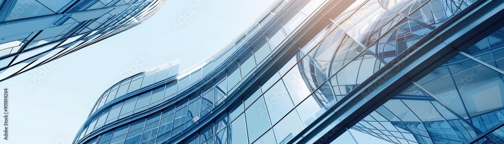 Poster curved glass structures with reflective surfaces create a modern architectural design with sleek, fl