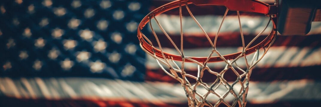 A basketball hoop with an American flag in the background, symbolizing sports and patriotic events Generative AI