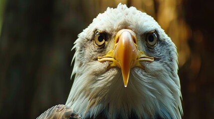 Obraz premium Close-up shot of an eagle's face amidst a forest backdrop