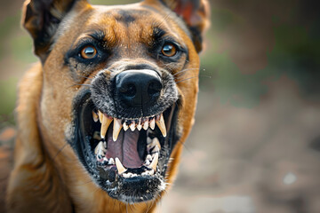 Aggressive dog portrait shows dangerous teeth. Animal hard attack head detail copy space.