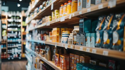 Aisle of a grocery store with products on shelves