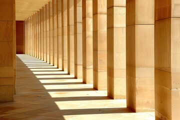 Obraz premium A corridor with columns casting long shadows in the sunlight. The image features a minimalist design with strong architectural lines and a warm tone.