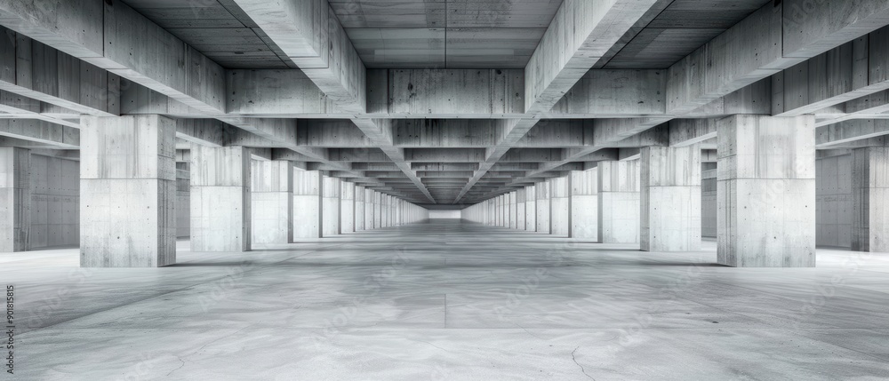 Poster a vast concrete hall featuring rows of pillars. the image showcases the industrial architecture with