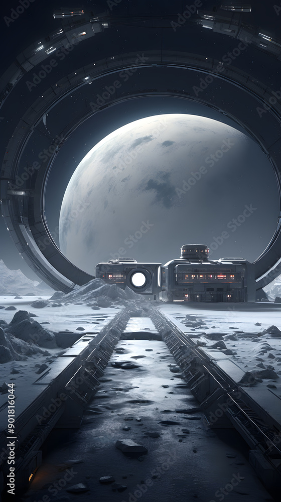 Poster a futuristic cityscape on a distant planet with a large moon in the background. futuristic buildings