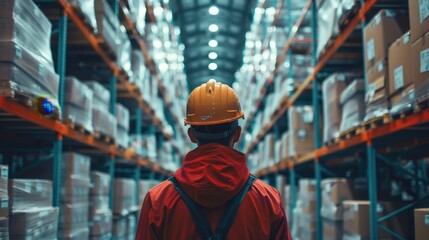 Obraz premium A worker in a hard hat walks down an aisle in a warehouse, surrounded by shelves filled with boxes.