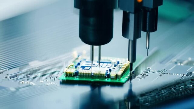 A robotic arm with multiple probes is used to test the electrical connections of a circuit board, ensuring quality and functionality.
