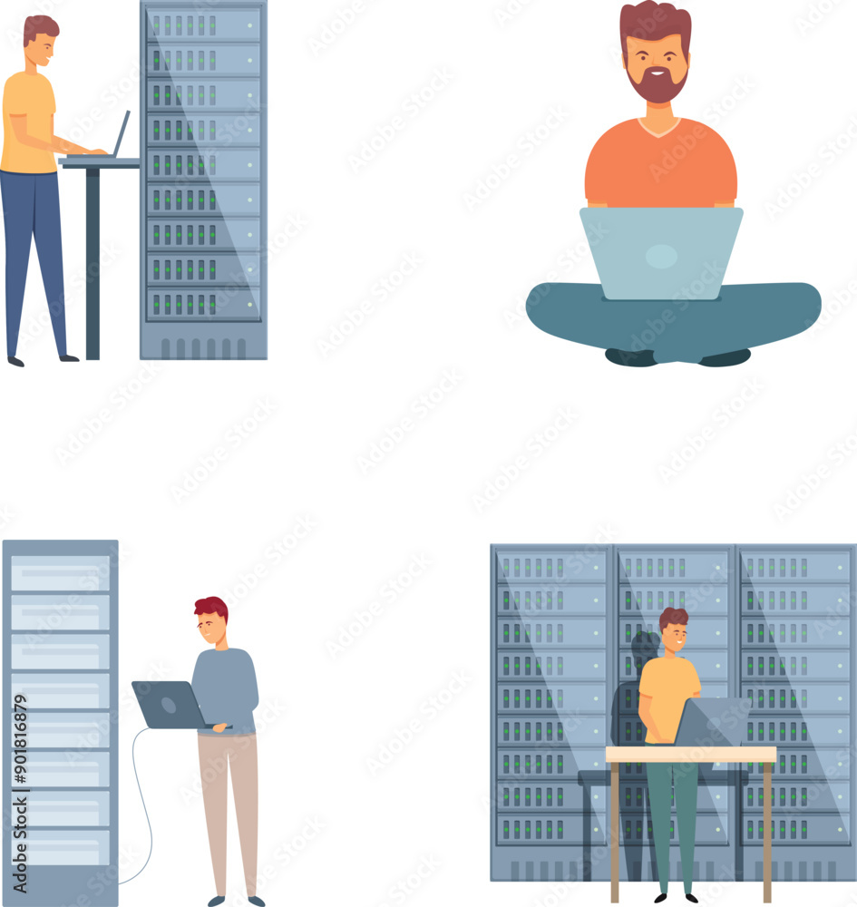Poster it administrator icons set cartoon vector. sysadmin adjusting network connection. service maintenanc
