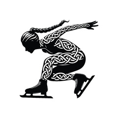 Fototapeta premium Short Track Speed Skating sport female player with celtic knot, nordic pattern illustration, emblem shield badge