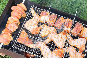 barbeсue pork and chicken roasting on a fire in the garden