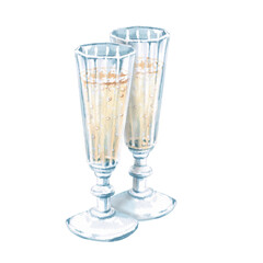 Composition of two retro glasses with champagne, bubbles in watercolor. Illustration for greeting cards, cookbooks, weddings, memorials, decoration. Illustration isolated from background.