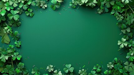 Green shamrock leaves border on green background with copy space.