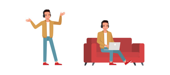 Businessman wear brown jacket working and listening to music in office character vector illustration design set.