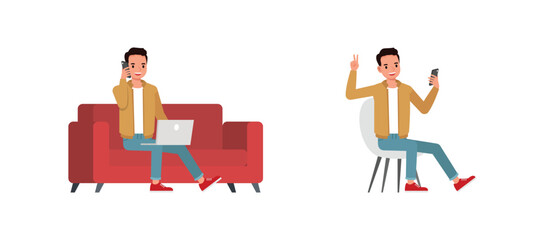 Businessman wear brown jacket working and talk on phone in office character vector illustration design set.