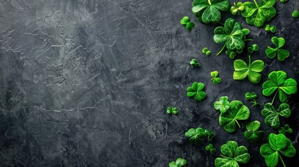 Fresh green clover leaves on a black textured background.