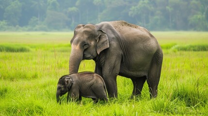 Asian Elephants in Vibrant Green Environment Maternal Bonding Between Mother and Baby Elephant in a Grassy Meadow
