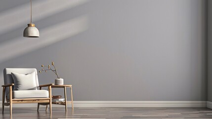 Soggiorno grigio minimalista con poltrona, tavolino, lampada a sospensione e muro vuoto. Ideale per la presentazione del prodotto