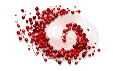 Obraz premium Spiral pomegranate seeds creating a dynamic swirl pattern, set against a white background, ideal for food illustrations and vibrant designs.