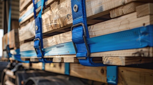 Blue nylon fastening belt and ratchet strap securing cargo straps to attach container box with wooden pallets onto truck