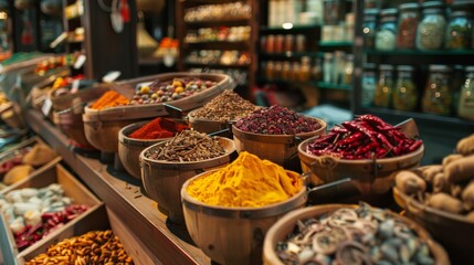 Colorful spices in wooden bowls at a market