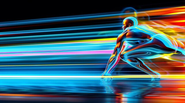 Visione futuristica della finale 100 metri sprint, Olimpiadi
Design di velocit&agrave; e movimento con utilizzo cei colori
