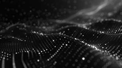 Immagine digitale in bianco e nero, con una serie di punti luminosi che formano onde e linee sinuose su uno sfondo scuro. Questi punti sembrano rappresentare dati o particelle in movimento