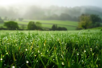 A misty morning in the countryside, with dew-covered grass and distant hills softly blurred in the background, ideal for a tranquil spring backdrop