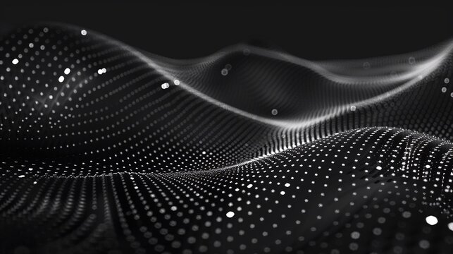 Immagine digitale di onde tridimensionali create da una griglia di punti luminosi su uno sfondo scuro.