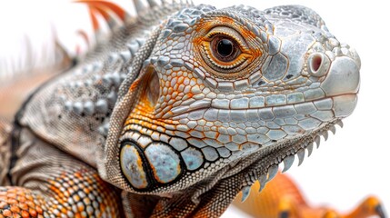 Fototapeta premium Vibrant red iguana with intricate skin texture and mesmerizing colors stands out against a white background. Showcasing detailed scales and patterns
