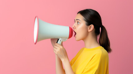 A young woman with dark hair in a ponytail, wearing a yellow shirt, shouts into a large megaphone. She stands against a solid pink background, emphasizing communication and announcement themes.