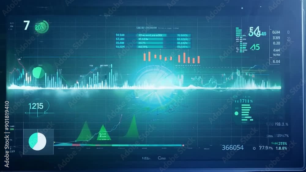 Poster a digital display shows a variety of financial data, including charts, graphs, and numerical values.