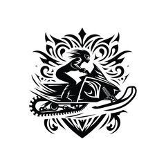 Snowmobiling sport female player with ethnic tribal tattoo, gothic, pattern illustration, emblem shield badge