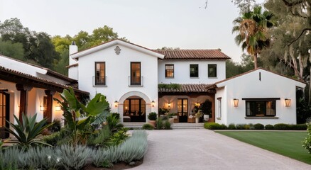 Fototapeta premium White Spanish Style Home With Lush Landscaping