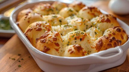 Cheese bread in a white serving dish on a wooden table