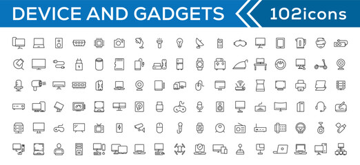 Device and technology line icon set. Electronic devices and gadgets, computer, equipment and electronics. Computer monitor, smartphone, tablet and laptop simple icon collections