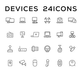 Device and technology line icon set. Electronic devices and gadgets, computer, equipment and electronics. Computer monitor, smartphone, tablet and laptop simple icon collections