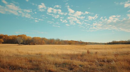 Obraz premium A wide expanse of golden hued field meets a distant treeline where autumn s touch is revealed under a vast sky decorated with soft clouds