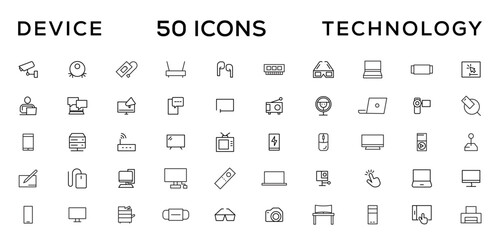 Device and technology line icon set. Electronic devices and gadgets, computer, equipment and electronics. Computer monitor, smartphone, tablet and laptop simple icon collections