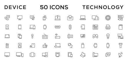 Device and technology line icon set. Electronic devices and gadgets, computer, equipment and electronics. Computer monitor, smartphone, tablet and laptop simple icon collections