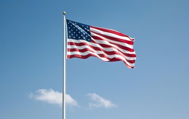 Naklejka premium Bandiera americana sventola nel vento in un cielo azzurro con nuvole bianche 