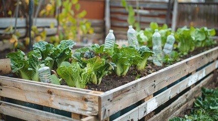 Frost Protected Crops in the Vegetable Garden Raised Wooden Bed with Repurposed Plastic Bottles