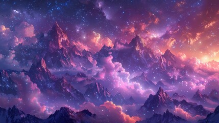 Breathtaking panorama of majestic mountain peaks piercing through a vibrant, star studded sky, with ethereal clouds adding to the scene's beauty